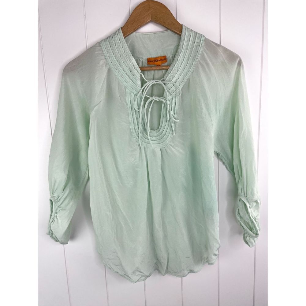 Roberta Freymann Silk Mint Double Tie‎ Neck Peasant Blouse XS